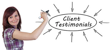 ICIWorld.com Graphic Image of a woman holding a marker in front of a white board with the worlds Client Testimonials in a though bubble