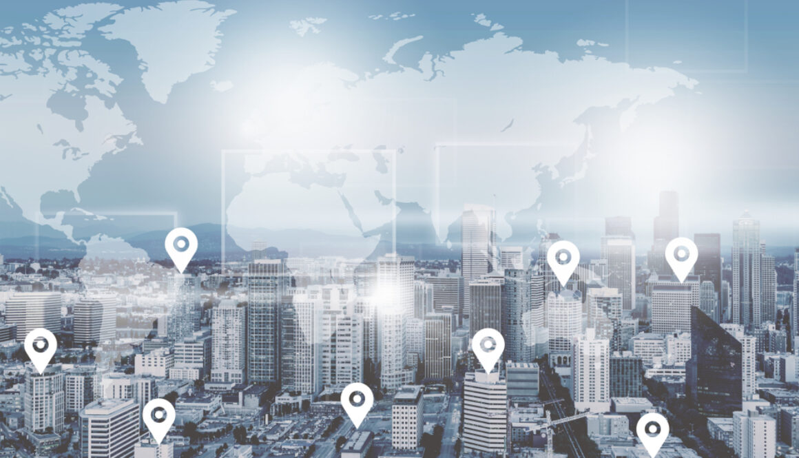 Searching,Location,On,Map,And,Pin,Above,Blue,Tone,City