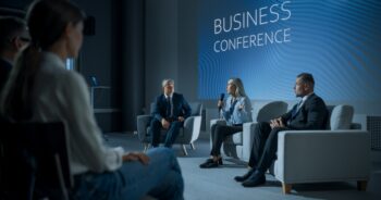 International,Business,Conference:,Caucasian,Female,Tech,Ceo,Talking,With,Male